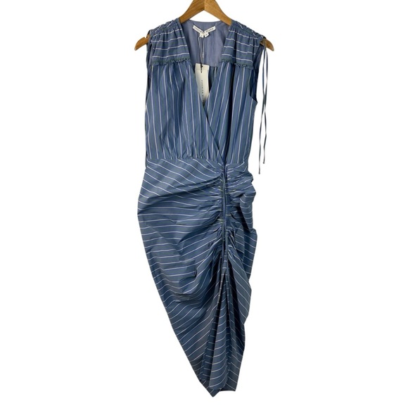 NWT Veronica Beard Teagan Stripe Ruched V-Neck Midi Dress Blue Size 6 Side Slit - Picture 2 of 16